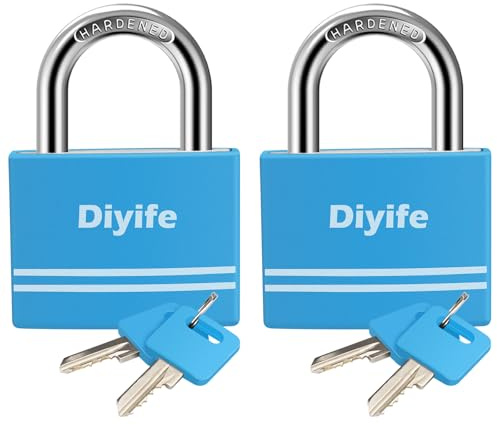 Padlock with Keys, [2 Pack] [4 Keys] Diyife 40mm Small Aluminum Key Padlocks, Anti-Rust Waterproof Padlocks Outdoor Weatherproof Padlock for School, Gym Locker, Cabinets, Gate, Garage, Shed (Blue)