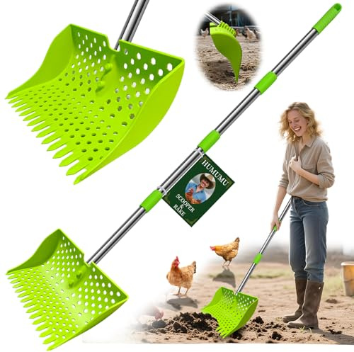 12-Inch 2-in-1 Chicken Poop Scooper & Rake – US Patent Pending – 3-Shape Sifting Holes Chicken Coop Rake，Stainless Steel Handle （20–61）– Litter Scoop Sand & Sifting Shovel for Chicken Coops(Green)