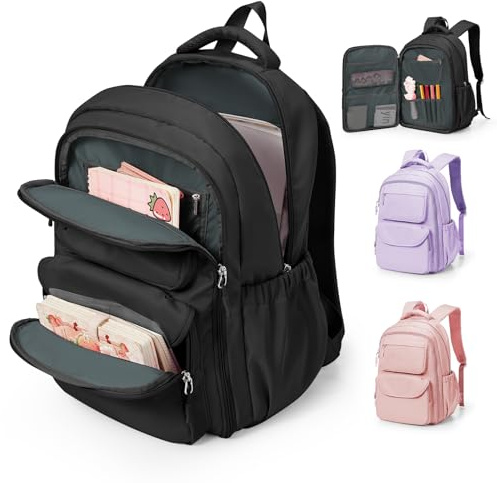 sikazan Sac à Dos Noir pour Fille et Ado, Primaire et Collège, Cartable Scolaire avec Ouverture 180° Intelligent, Multi-compartiments pour A4 Classeur, Ergonomique et Haute Résistance