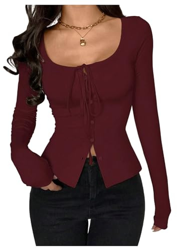 SOLY HUX Women's Long Sleeve Shirts Bow Tie Button Down Scoop Neck T-Shirt Aesthetic Going Out Tops Solid Burgundy Small