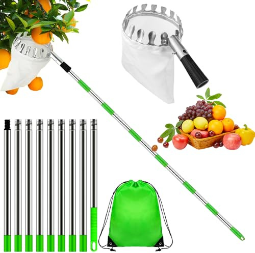 KBIBCK 4M Fruit Picker, Apple Picker with Telescopic Handle,Long Reach FruitPicker with Lightweight Pole & Storage Bag,Fruit Grabber Easy to Assemble Tree Pickers for Cherry Berry Orange Lemon Pear