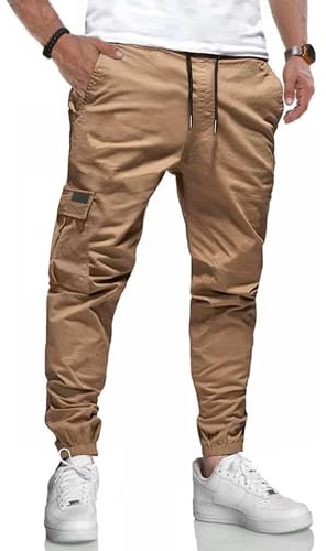 LIUPMWE Pantalones de Trabajo Hombre Casuales Deportivo Elásticos Pantalón Jogging Hombre Algodón Slim Fit con Bolsillos Cargo Pants con Cordón,Marrón-05,L