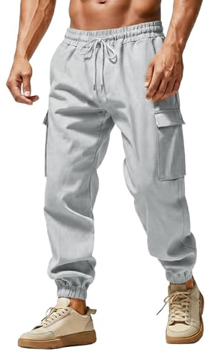 Misfuso Pantalon Cargo Homme en Coton Lin Léger Taille Élastique Gris L
