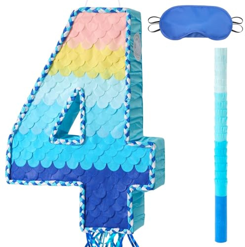 WERNNSAI Number 4 Pinata 4th Birthday Decoration Blue Number Pinata | 4th Birthday Party 4 Year Anniversary Decoration Supplies 4th Photo Props with Blindfold and Stick