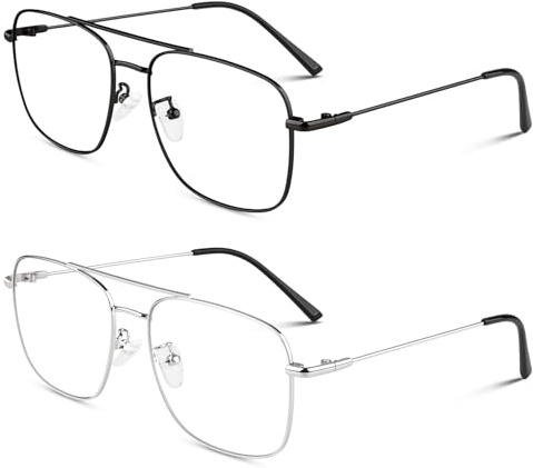 LINVO Occhiali finti stile pilota retrò moda telaio in metallo senza prescrizione lente trasparente occhiali da vista donne uomini UV400, Confezione da 2, argento e nero