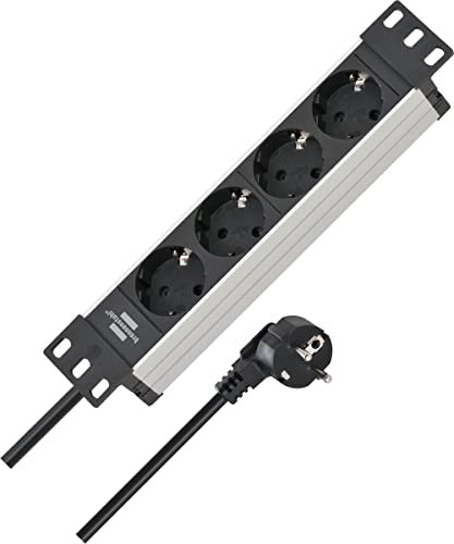 Brennenstuhl Alu-Line 10 Steckdosenleiste 4-Fach für Schaltschränke/Mehrfachsteckdose 10 Zoll (2m Kabel, Schutzkontakt-Steckdosen in 45°-Anordnung)