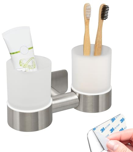bremermann Bad-Serie Piazza Tape - Doppel-Glasbecherhalter ohne Bohren, mit Klebepad - selbstklebend - Becherhalter, Zahnbürstenhalter, aus Glas und Edelstahl, matt