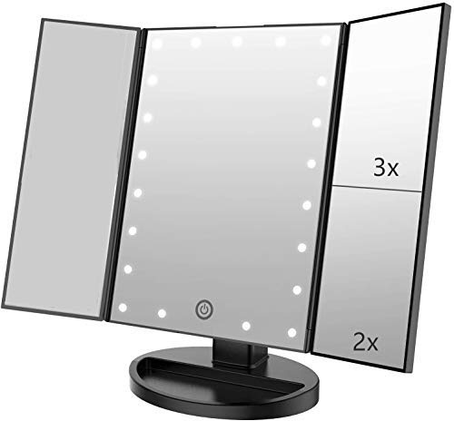 Infitrans Espejos con Luces, Espejos de Mesa con Tres Pantallas Táctiles Plegables, 1X/2X/3X la Ampliación y Cargadores USB o Inalámbricos, Luces LED Ajustables de 180 ° de Espejo Maquillaje, Negro