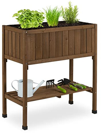 Relaxdays Hochbeet, Folie, Ablage, HxBxT: 80 x 74 x 38 cm, Garten, Balkon & Terrasse, Pflanztisch, Tannenholz, braun