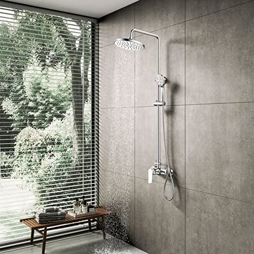 Columna Ducha Monomando YOOZENA, Duchas de Baño Columna Extensible con Grifo, Alcachofa de Ducha con Manguera, Ducha Lluvia, Cromado Redondo