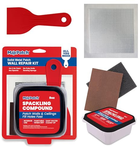 MaxPatch® Drywall Repair Kit - Includes 8 oz Spackling Compound, 4x 4 Adhesive Metal Patch, Spackling Knife, Sanding Pad - All-in-One Solution for Wall and Ceiling Repairs