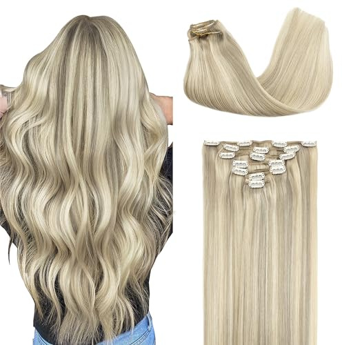 GOO GOO Clip in Human Hair Extensions, 20inch 120g 7pcs, Hair Extensions Clip in, 17A/60A Ash Blonde