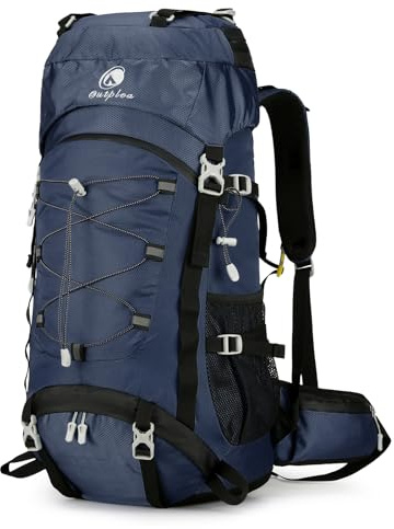 Outplea Mochila de Senderismo 60L Ligera Impermeable, Mochila de Montaña y Trekking Hombre Mujer con cubierta de lluvia, Mochilas de Viaje Grandes Hombre Mujer para Escalada Acampar Turismo, Azul
