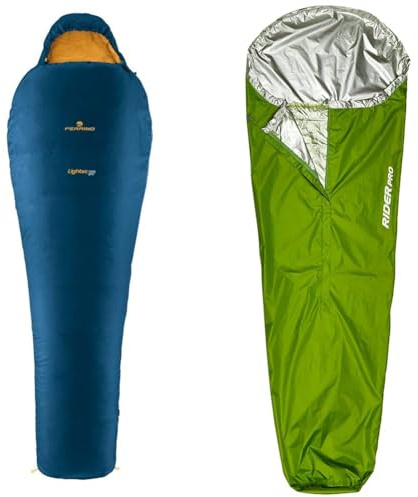 Ferrino, Sacco Lightec, Sacco a Pelo, Unisex adulto, Blu, 1100g & Rider, Sacco da bivacco Verde, 230x80x50 cm