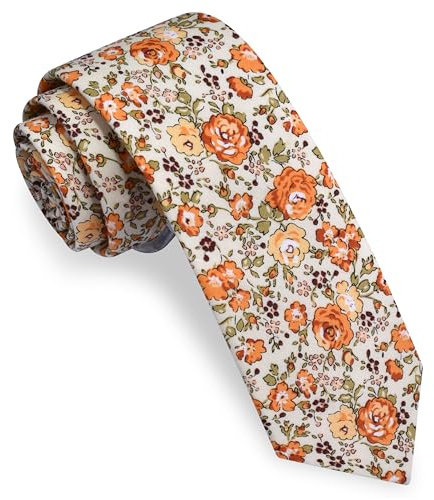 Gusleson Mens Orange Floral Ties for Wedding Beige Slim Cotton Tie Skinny Necktie (UK0943-38)