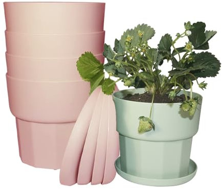 Lot de 4 pots de fleurs en plastique épais pour intérieur et extérieur avec trous de drainage et plateau décoratifs pour plantes d'intérieur, orchidée, lys de la paix (rose)