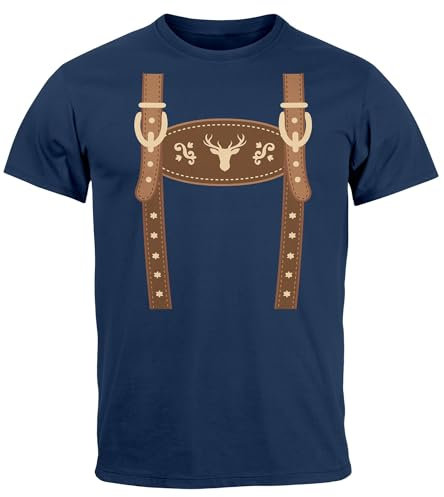 MoonWorks® Herren T-Shirt Lederhose Ersatz Tracht Kostüm Volksfest Bierfest Outfit Lustig Fun-Shirt Navy L