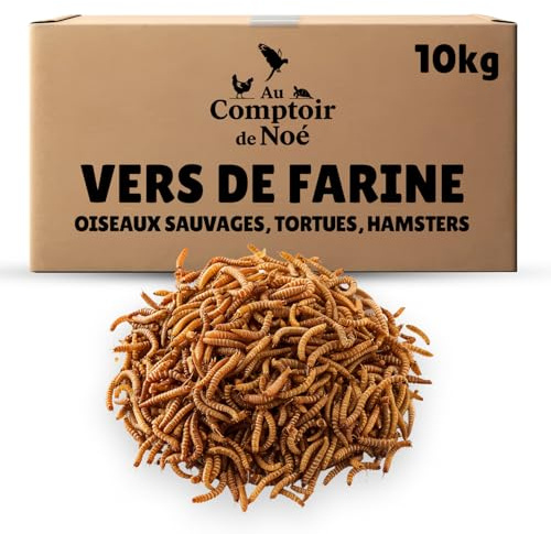 vers de Farine séchés 10kg Au Comptoir de Noé, 100% Naturel, Riches en Protéines et Bonnes Graisses, Alimentation pour Poissons, Oiseaux Sauvages, Tortues, Hérissons, Rongeurs et Reptiles