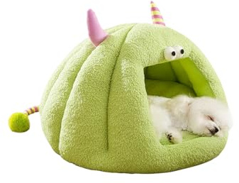 Galatée Cama Cueva para Gatos, Cálida Casa Cueva para Dormir para Gatos y Perros, Cama De Felpa Suave para Perros, Iglú para Perros, Linda Tienda De Campaña De Dibujos Animados para Gatos(M, Verde)