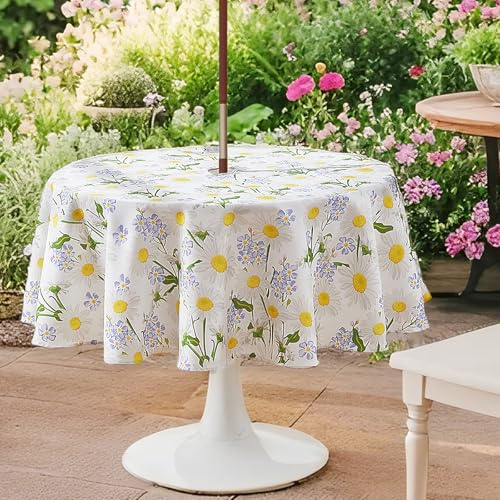 SUCHDECO Mantel redondo para exteriores, 150 cm, impermeable, floral, con agujero para sombrilla y cremallera, lavable para mesa de jardín, patio, picnic, margarita blanca