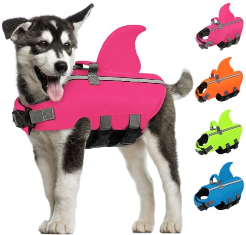 AOFITEE Schwimmweste Hund Hai, Verstellbar Hunde Schwimmweste L Hundeschwimmweste mit Griff, Reflektierende Hohe Flotation Schwimmweste Rettungsweste für Mittelgroße Hunde