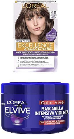 Pack L'Oréal Paris Excellence 6.11 Rubio Oscuro Ceniza + Elvive Mascarilla Intensiva Violeta Matizadora