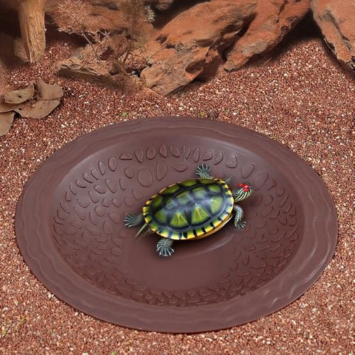 Turtle Bathing Pool Small for Reptiles & Amphibians - Resin Water Dish & Feeding Bowl with Gentle Slope - Safe for Turtles, Lizards, Frogs, Snakes (Reddish Brown)