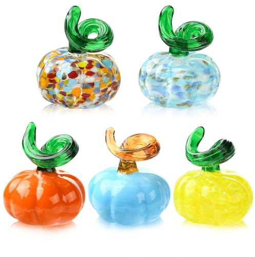 WEWAYSMILE 5 figuras de calabaza de vidrio soplado para Halloween, mini calabazas de cristal para decoración, adecuadas para Acción de Gracias, otoño, hogar, escritorio, regalo