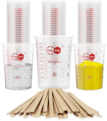 20oz Resin Mixing Cups - [Easy-Separate Design] 50 Pack Graduated PP Plastic Mixing Cups for Epoxy Resin, Paint & Automotive - Includes 50 Stir Sticks, Calibrated Ratios 2:1 3:1 4:1, ML & OZ