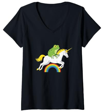 Mujer Divertido diseño de Rana Montando Unicornio arcoíris Camiseta Cuello V