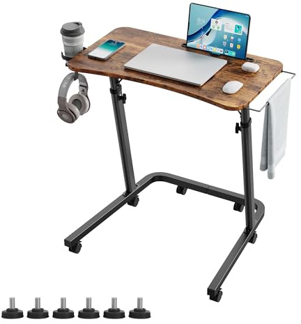 Mesa de entrenamiento con ruedas y altura regulable, mesita de noche y mesa para portátil, mesa auxiliar de altura ajustable para ciclismo en interiores y cinta de correr con soporte para bebidas y