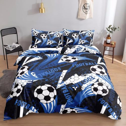 BJCJGGL Dubbelt påslakanset blått fotbollssängkläder set för barn och barn – påslakan med dragkedja och 2 örngott 50 cm x 75 cm – mjukt allergivänligt mikrofiberpåslakan