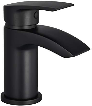Hapilife Black Basin Mixer Taps Waterfall Bathroom Sink Tap Mixers Round Cloakroom Faucet Small Brass Mono Monobloc with G1/2’’ Hoses Single Lever 1 Hole