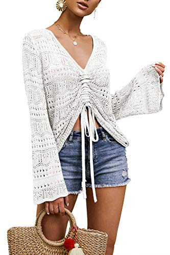 Saodimallsu Femmes Boho Hors Épaule Sheer Crop Tops Manches Cloche Flowy Oversize Crochet Ruché Pulls Pulls Blanc