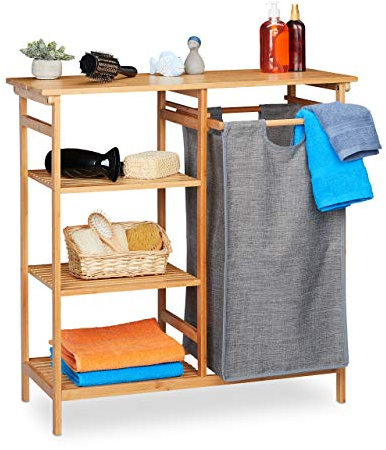 Relaxdays Badregal mit Wäschekorb, Bambus, 4 Ablagen, entnehmbarer Wäschesammler, HBT: 80,5 x 80 x 33,5 cm, natur/grau