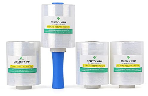 BOMEI PACK Lot de 4 rouleaux Film étirable avec poignée en plastique, Palette Wrap transparent 12,7 cm x 305 m pour palettes, fournitures de déménagement et film rétractable
