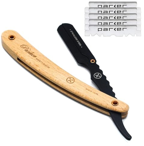 Parker SRP Pine Wood Handle Straight Edge Barber Razor – Stainless Steel Clip‑Type Straight Razor, 5 Premium Half DE Blades Included