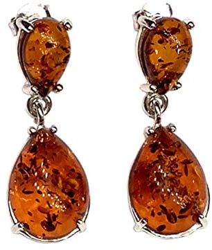Pendientes de ámbar con 2 piedras en plata de ley 925 (blanco rodiado), color: marrón coñac; auténtico ámbar báltico pendientes en plata 925; colección H/W 22-23, M, Plata de ley, Ámbar báltico.