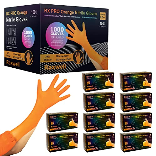Raxwell Powder-Free Disposable Nitrile Gloves - Diamond-Textured Work Gloves with Grip & Puncture Resistance - Heavy-Duty Tattoo & Painting Hand Protection - Medium, Pack of 1000, Orange, 8.5 mil