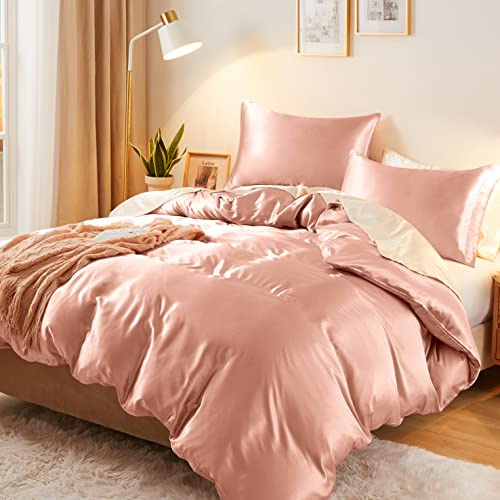 Vonty 3-delat silkeslent påslakanset i satin, full/queen size, täckskydd, organiskt naturligt 400 TC påslakanset i roséguld – lyxiga och sexiga sängkläder med dragkedja (inget täcke)