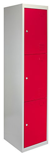 Monster Shop Casiers Métalliques Rouge & Gris 3 Portes Verrouillable pour Ecole, Vestiaire, Salle de Sport, Atelier [Clés & Aimants Inclus] - Facile à Monter