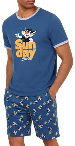 Demegimi Mens Short Pyjama Set Summer Nightwear Soft Graphic Print T-Shirt and Shorts Lounge Set Two Piece Sleepwear for Men Blue