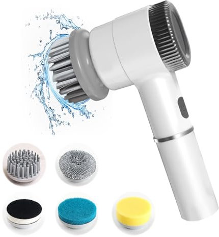 Spazzola Elettrica per Pulizia, Spazzola Multifunzione Potente Elettrica con 5 testine, 3 Velocità di Rotazione Impermeabile Spazzola Rotante Pulizia Casa per Bagno,Piastrelle,Cucina e Auto