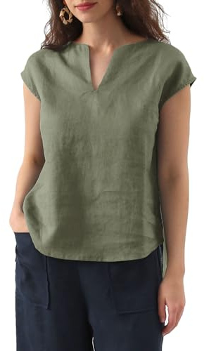 Amazhiyu Women's 100% Linen V Neck Cap Sleeve Blouse Basic Casual Summer Top Green,Small