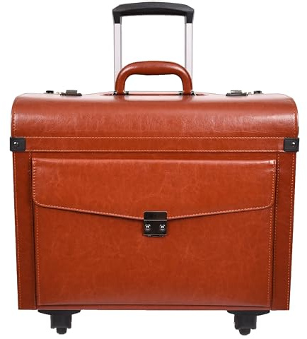 A1 FASHION GOODS Rolling Pilot - Funda de piel sintética con 4 ruedas, tamaño de cabina de doble bloqueo, bolsa de viaje de negocios Aero, Tan, L, Maletín grande tamaño cabina Pilot Case