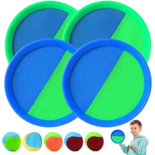 MONCAP Klettballspiel Wurfspiel Kinder Klettballspiel Klettball Strandspielzeug Kinderspiele Wurfspiel Garten Klettball Set mit 4 Fangscheiben 5 Bälle Ballspiel Outdoor Gartenspielzeug für Kinder