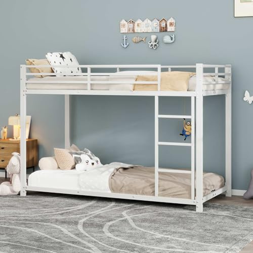 KOMHTOM Lit Superposé avec échelle à Angle Droit et Barrière de Sécurité, Cadre de lit en métal, Support à Lattes en Fer, pour Enfants, Adolescents(sans Matelas) (Blanc, 90x200cm)