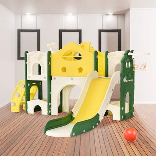 JOROBURO Toboggan pour Enfant 7 en 1 avec Panier de Basket, Aire de Jeux intérieure et extérieure, kit de Jeu d'escalade autoportant (7 en 1 Vert)