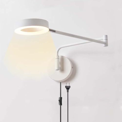 LOGT Swing Arm LED Wandleuchte mit Kabel und Zuleitung Wandlampe Verstellbar Arm Wandbeleuchtung mit Stecker und Schalter Dimmbar Wand Leselampe 3000K/4500K/6000K für Wohnzimmer Schlafzimmer