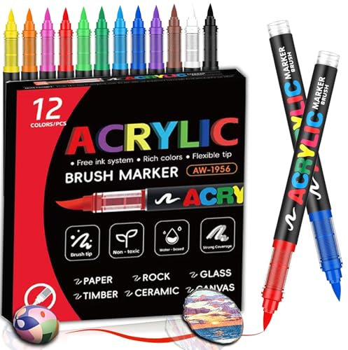 Aziool Filzstifte Kinder 2025 Upgrade - Acrylstifte Set & Acrylic Marker für Steine zum Bemalen, Leinwand, Keramik, Direkttinte Stifte für fotoalbum zum selbstgestalten (12 Farben)